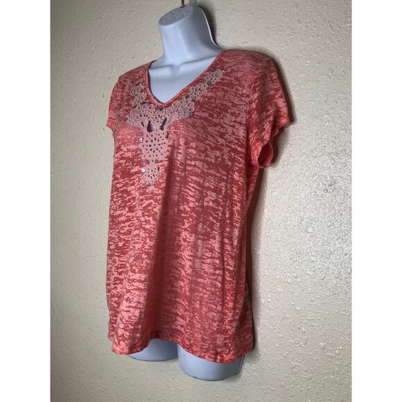 Ruby Rd. Semi Sheer Top Medium Pink Embroidered Neckline Abalone Sequins - Picture 2 of 5